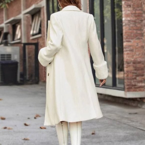 Beige Double Breasted Faux Fur Overcoat - Picture 4 of 5